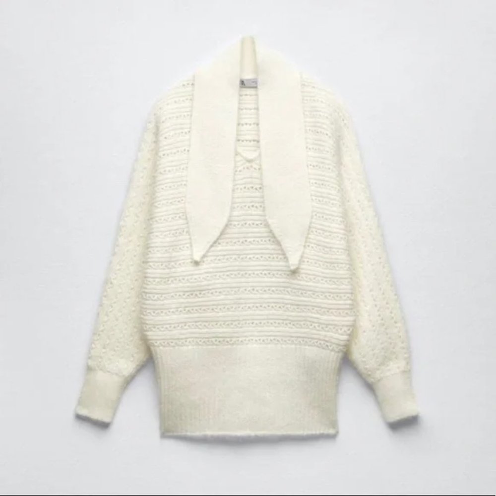 NEW ZARA BOW COLLAR KNIT SWEATER ECRU WHITE 6771/003 SMALL - Picture 4 of 6